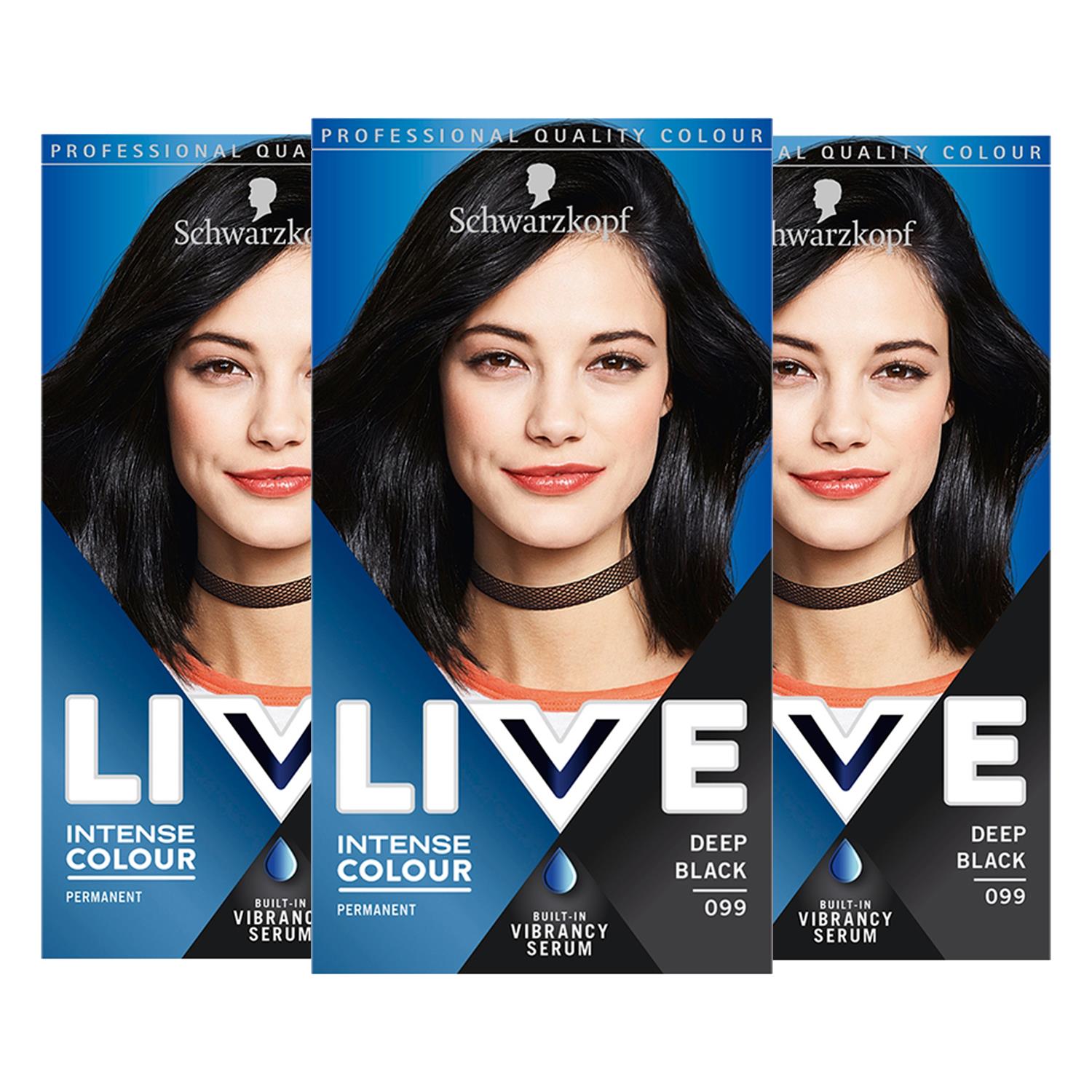 Live Deep Black Permanent Hair Dye, Intense Colour 099 3x