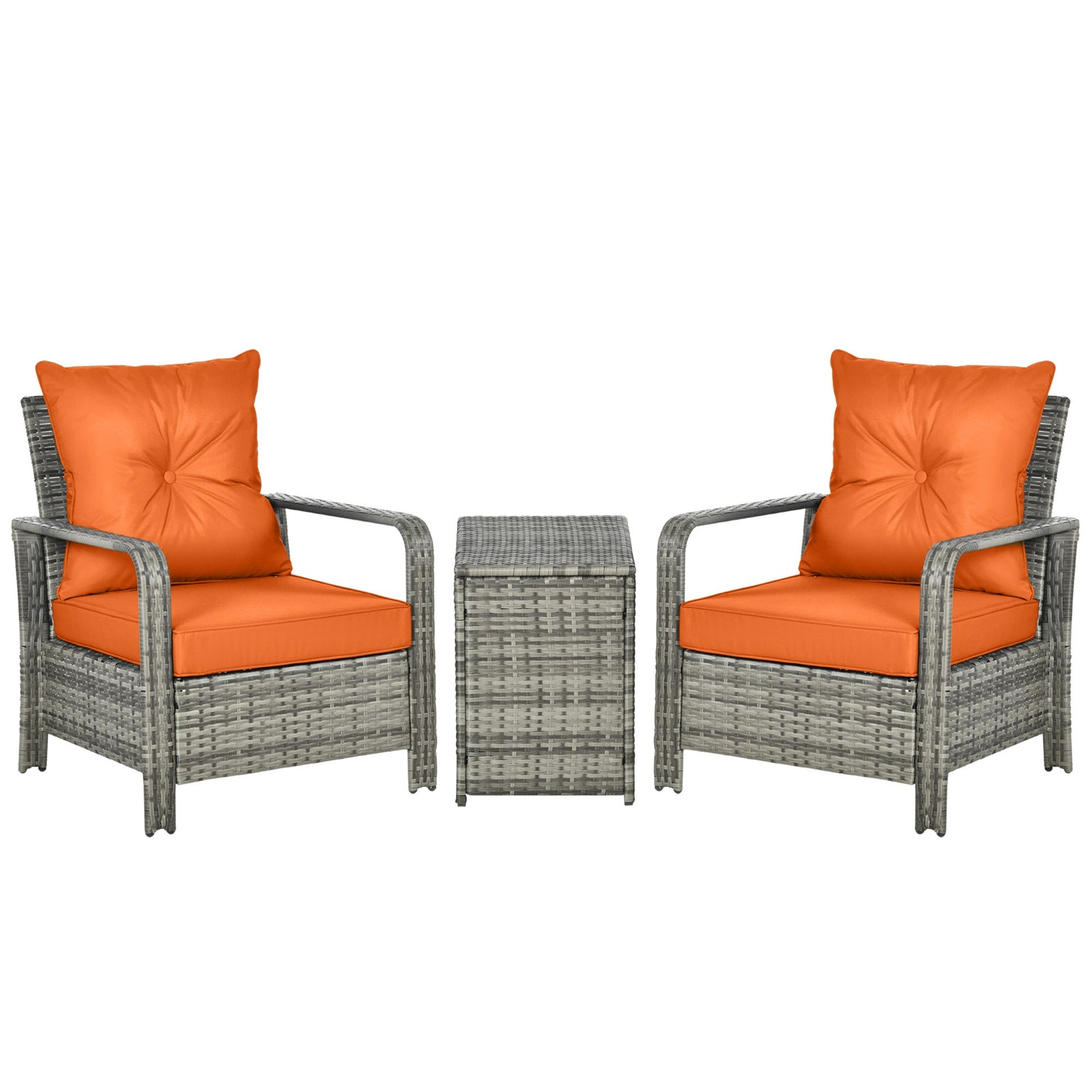3 Pcs Pe Rattan Garden Sofa Set W/ 2 Chairs & Storage Table | Orange