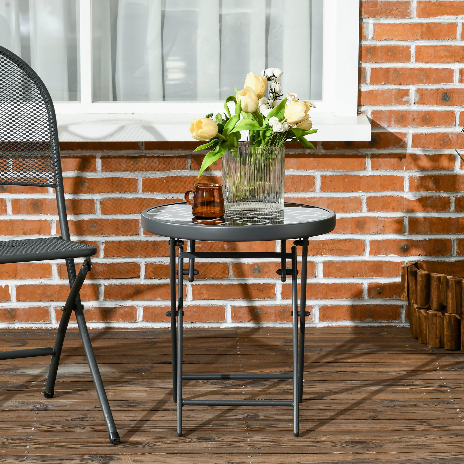 Round Folding Side Table With Imitation Marble Top | White
