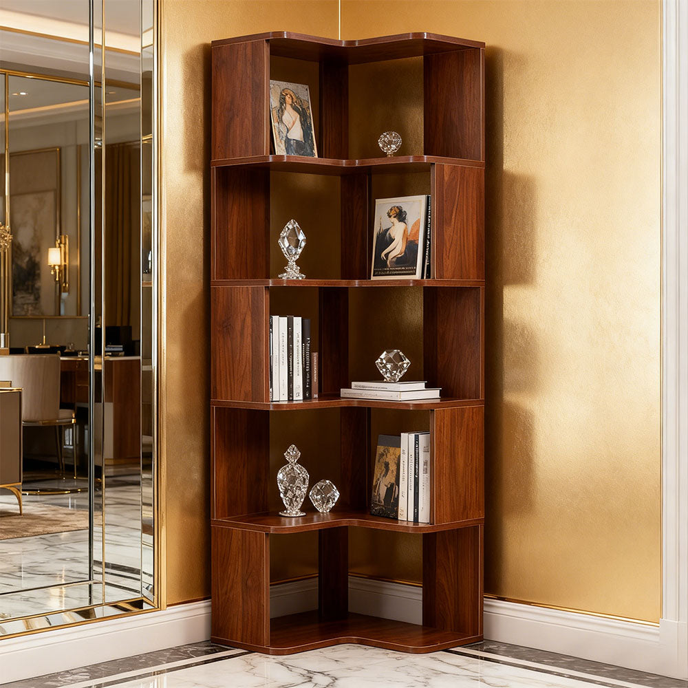 5-tier/6-tier Wooden L-shaped Corner Storage Shelf | Small Double | Walnut