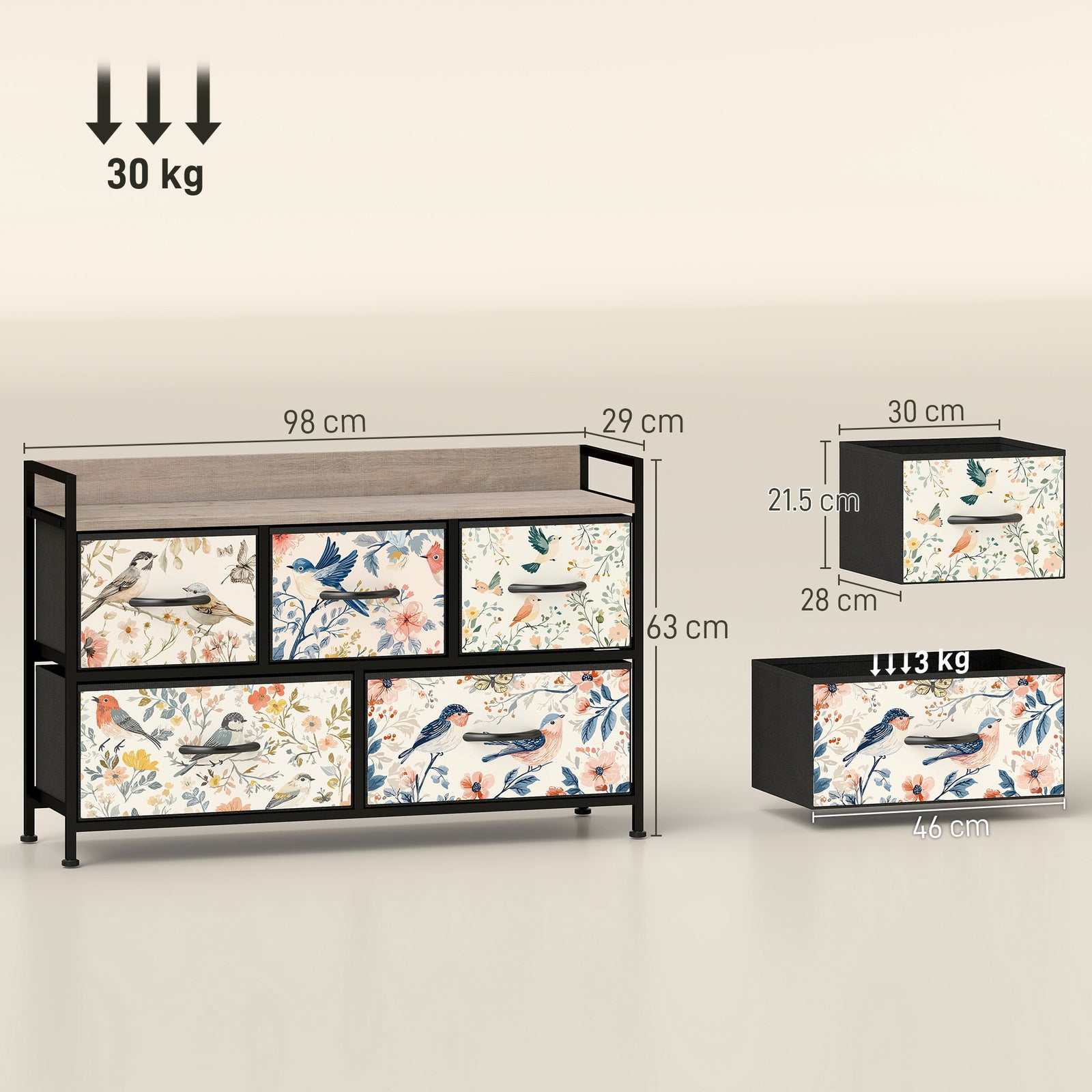 5-drawer Chest Of Drawers, Fabric Dresser With Open Shelf | White