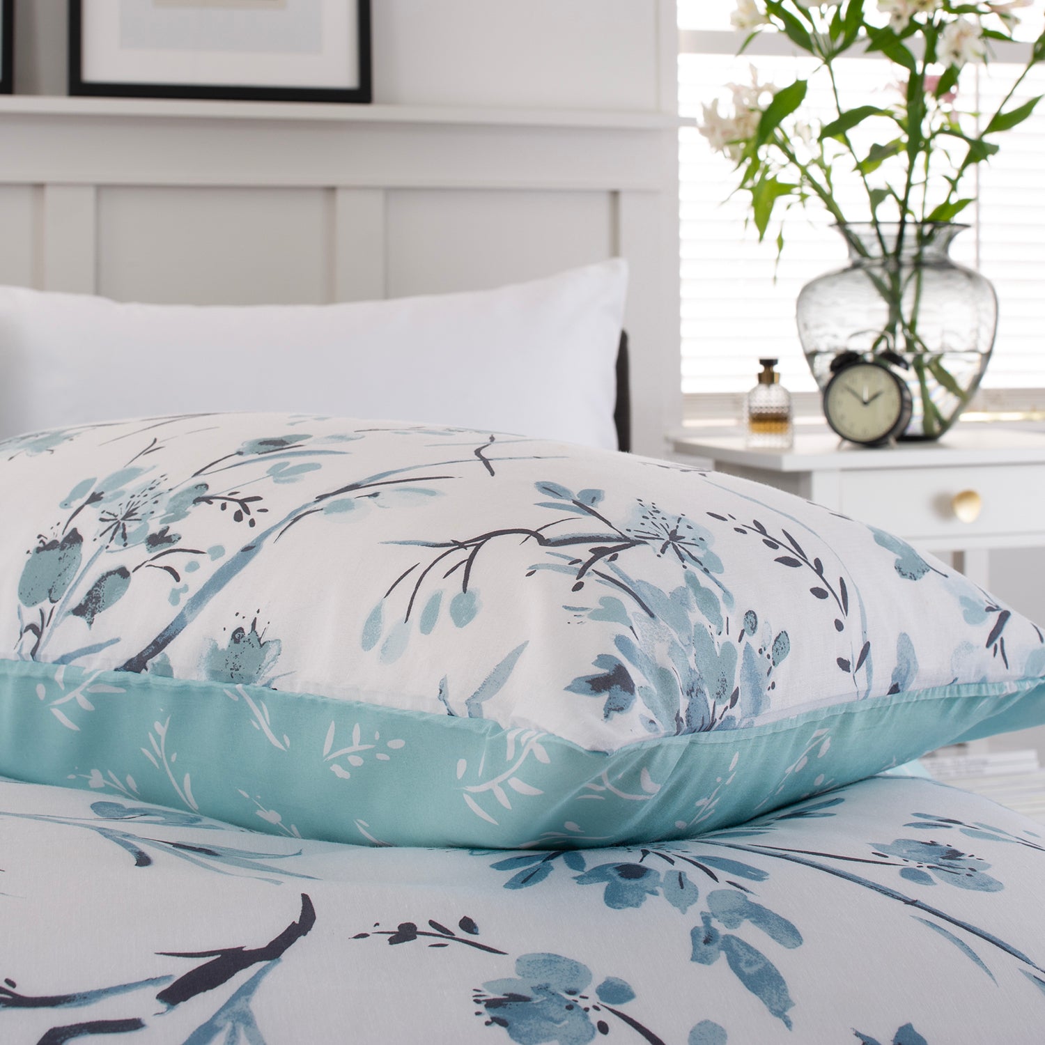 Cherry Blossom Blue Cotton Rich Reversible Duvet Cover Set | Single | Blue