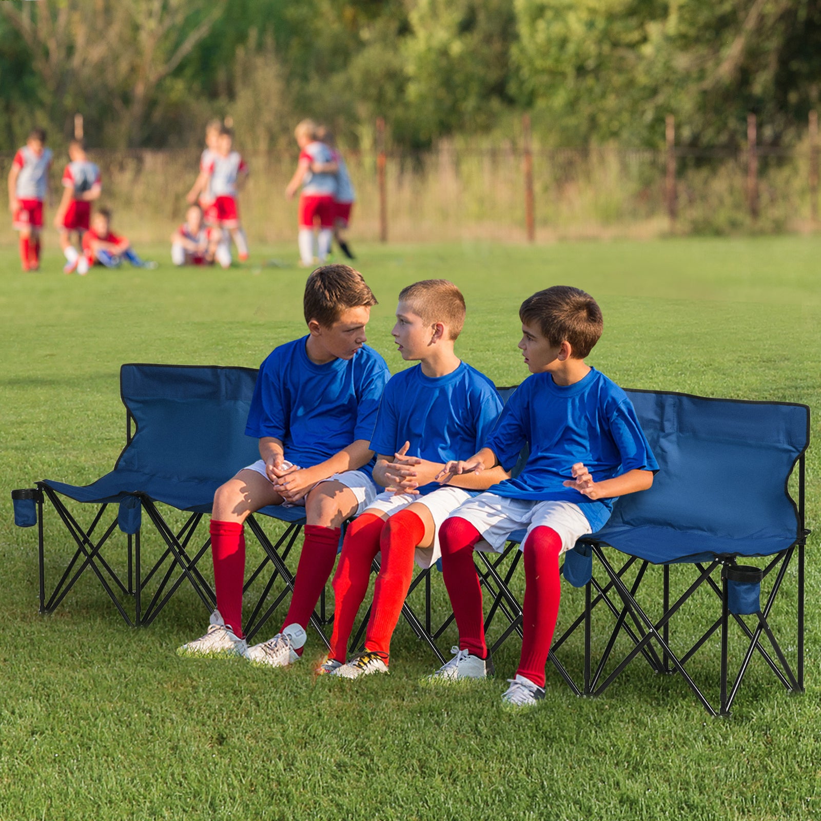 6 Seat Folding Bench Multi Deck Chair Cup Holder Camping | Blue