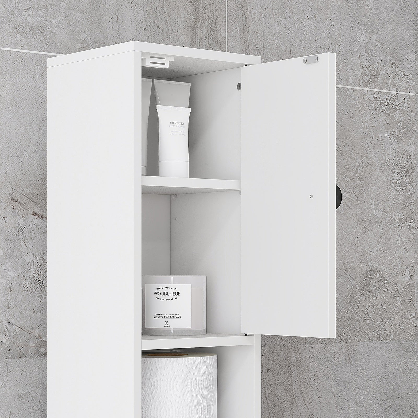 Slim Bathroom Cabinet, Toilet Roll Storage W/ Open Shelves | One Size | White