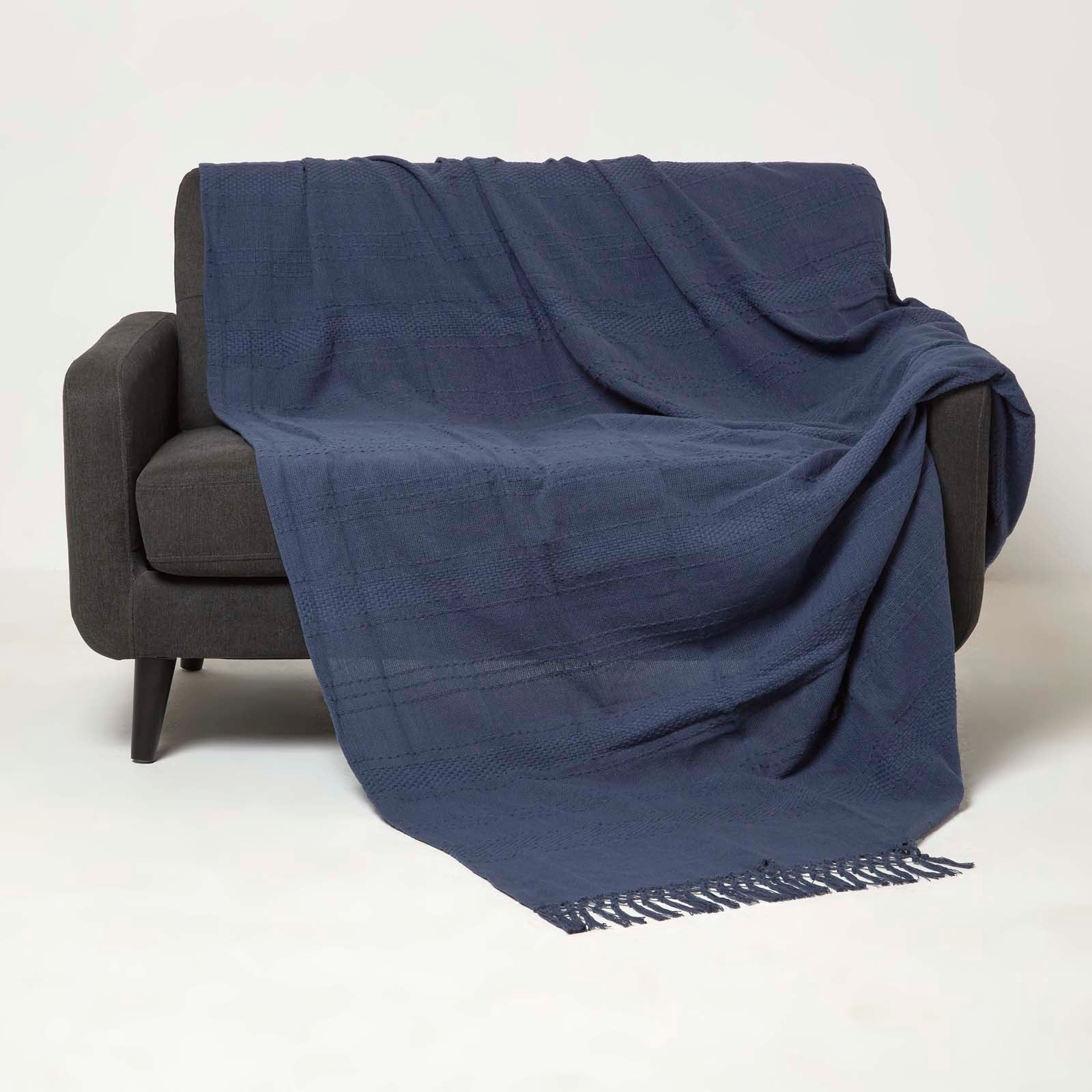 Kashi Cotton Throw With Tassels | 150cm x 200cm | Navy Blue