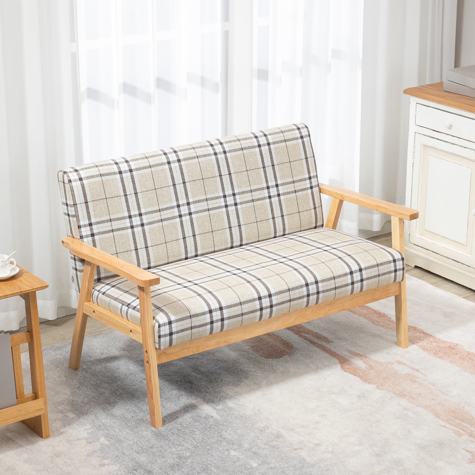 Two Seater Sofa With Rubber Wood Frame Linen Fabric