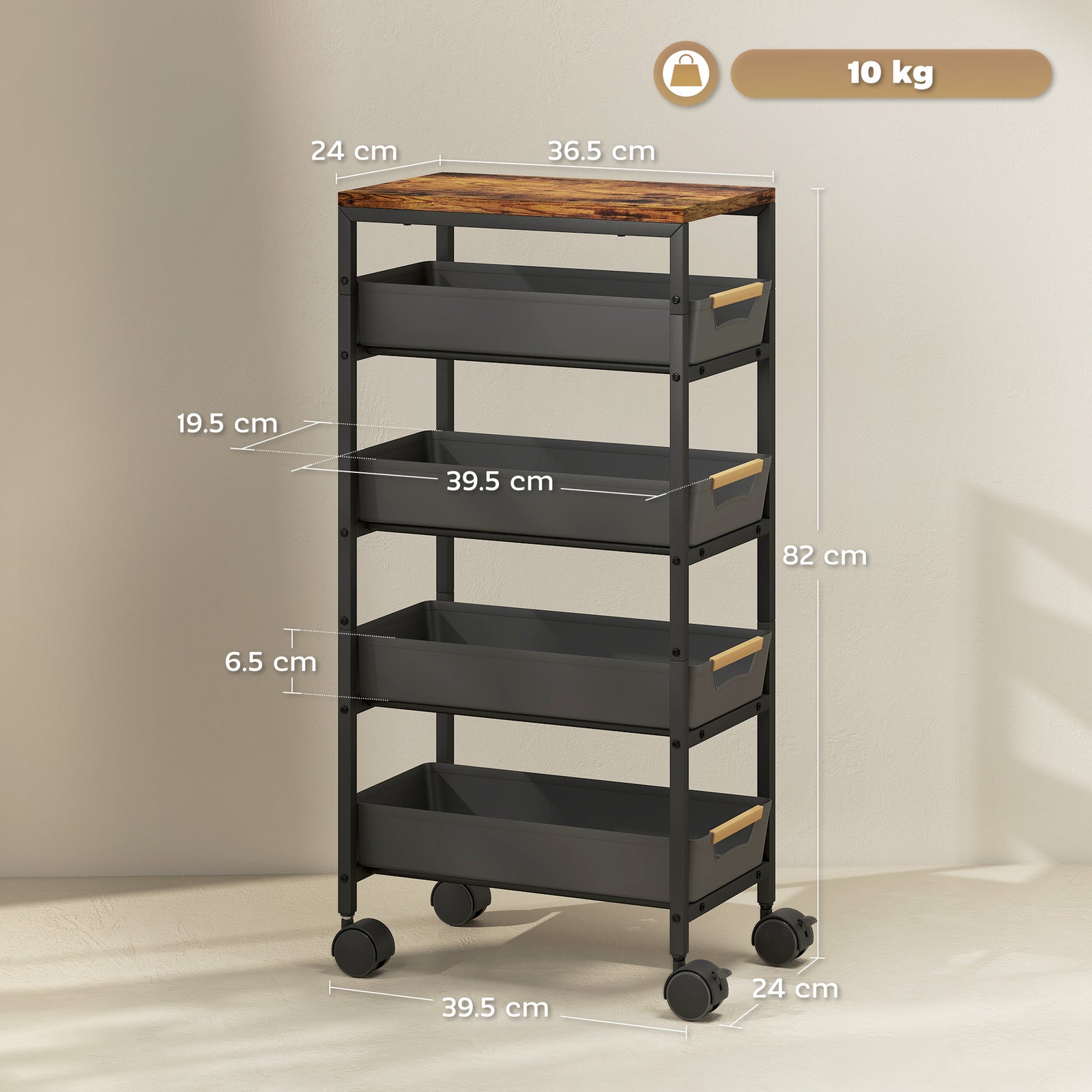 Kitchen Storage Trolley, Utility Cart | Black