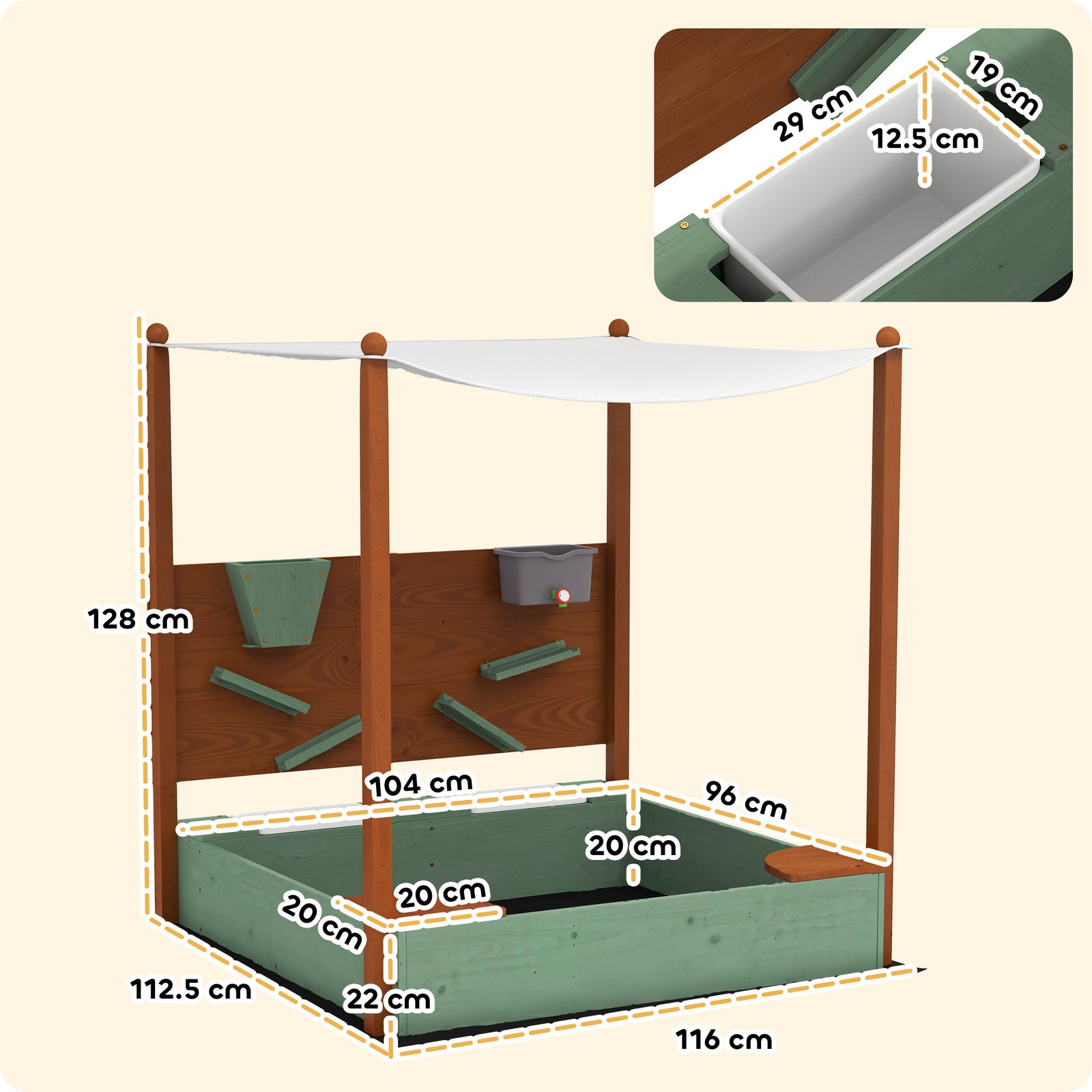 Wood Sandpit, Kids Sandbox With Canopy, For 3-6 Years, 116 X 112.5 X 128 Cm