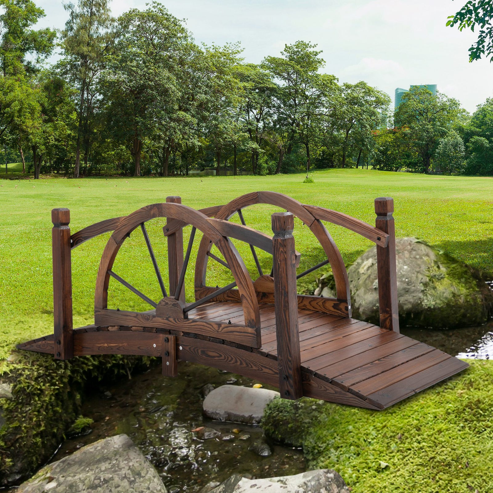 Outsunny 1.5m Wooden Garden Bridge, Arc Footbridge, Stained Wood