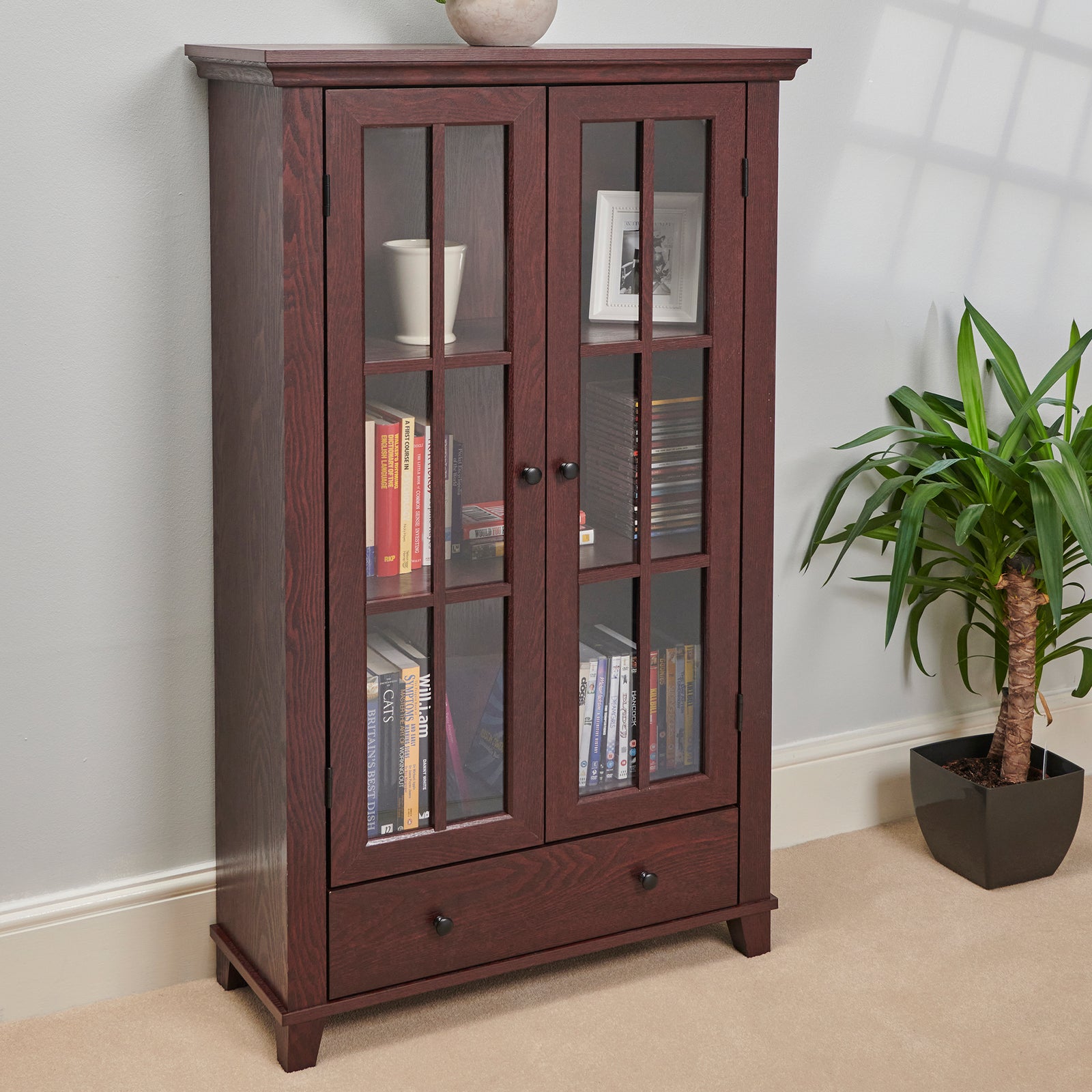 Greenhurst Mahogany Display Cabinet, Media Storage With Shelving And Drawer, Double Perspex Doors