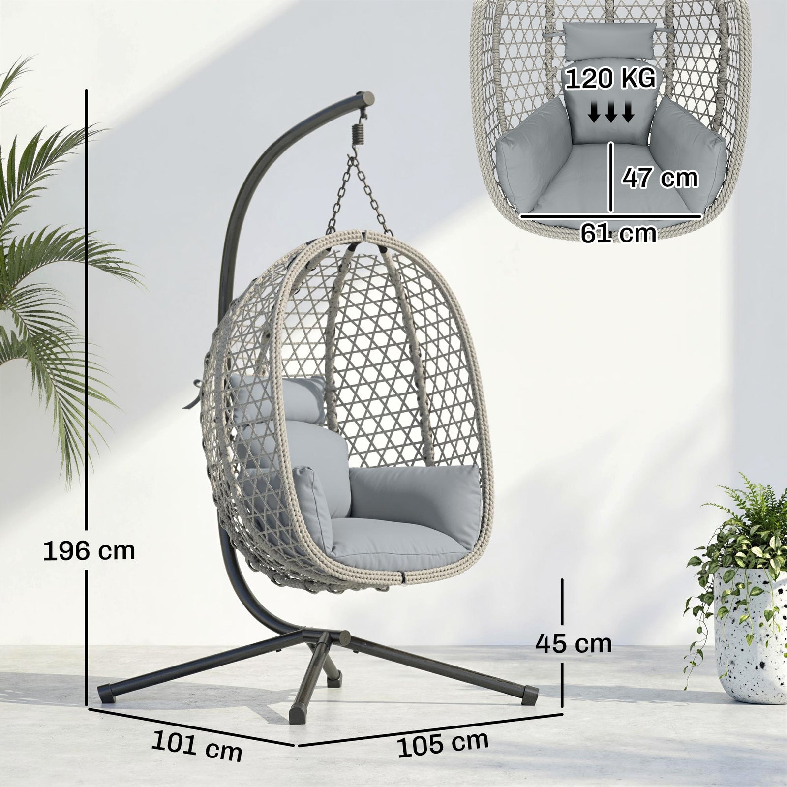 Hanging Egg Chair, Rattan Swing Chair With Stand | Light Grey