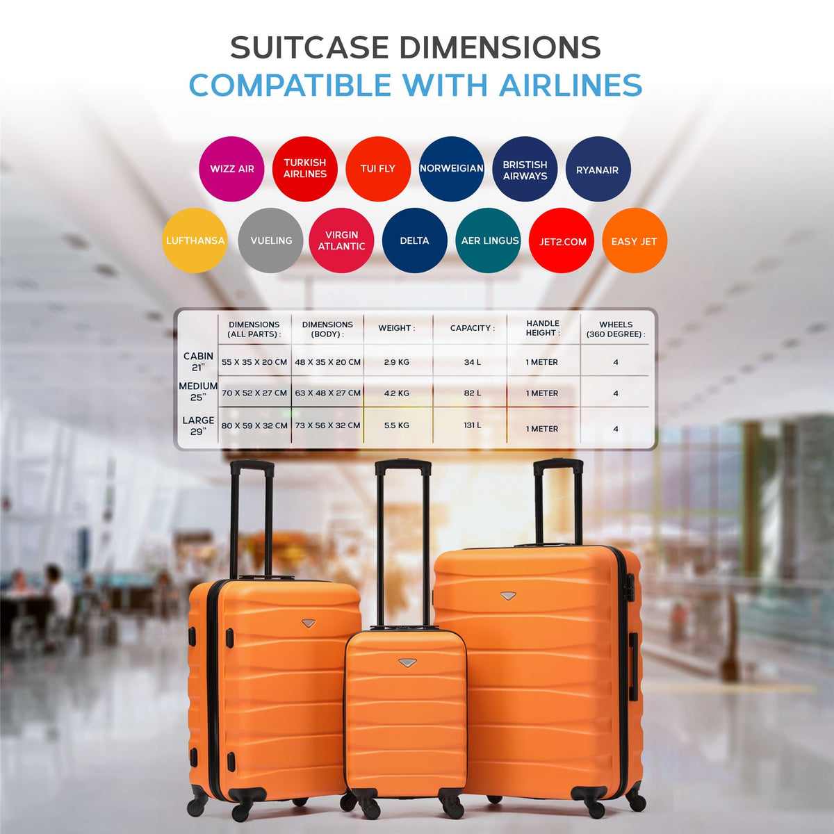 Set Of 3 Hard Shell Suitcase Cabin & Check In Cases With Tsa Lock - Overhead Cabin With Medium & Large Check-in Bag | Set of 3 | Orange & Black