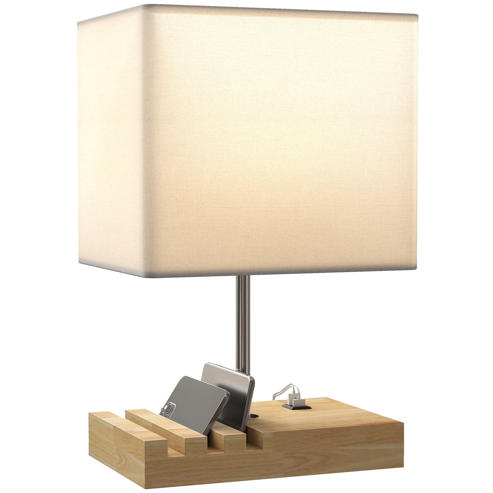 Table Lamp With 3 Slots, Bedside Lamp With Solid Wood Base | Brown