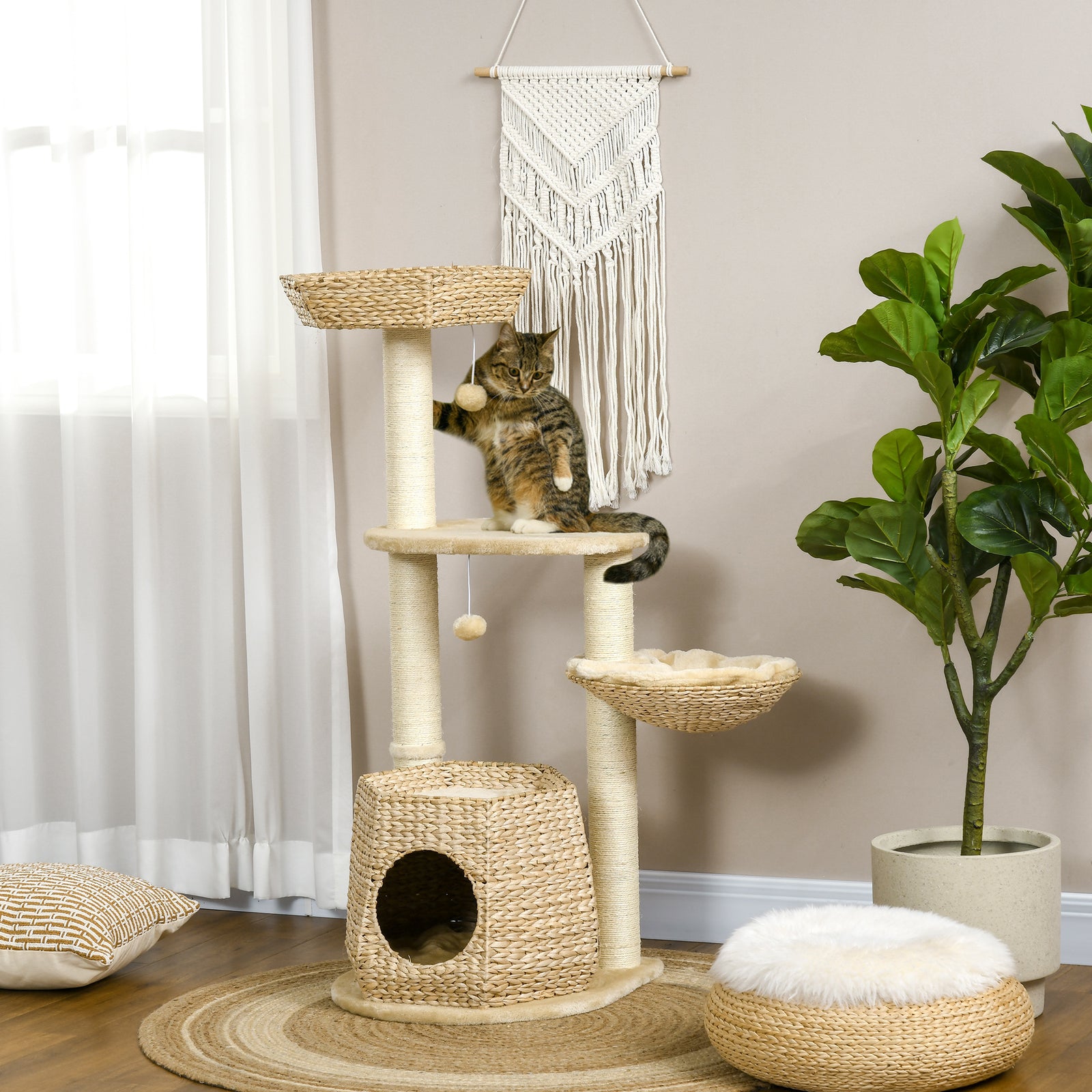Cat Tree Activity Centre With Cattail Fluff Bed House Sisal Post Ball