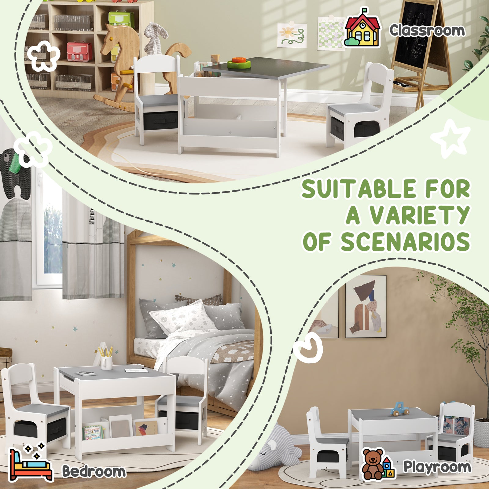 3pcs Kids Table And Chair Set For Nursery, Playroom, Classroom | Grey