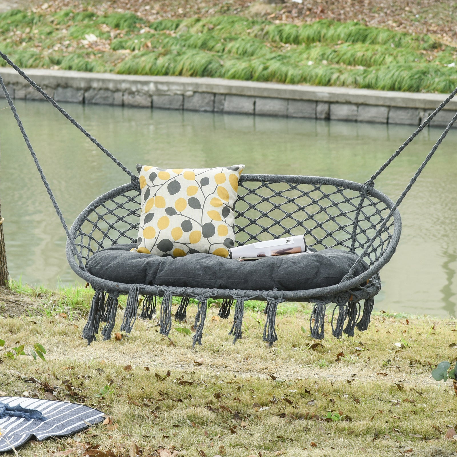 Hanging Chair, Cotton-polyester Blend Macrame, Metal Frame | Dark Gray