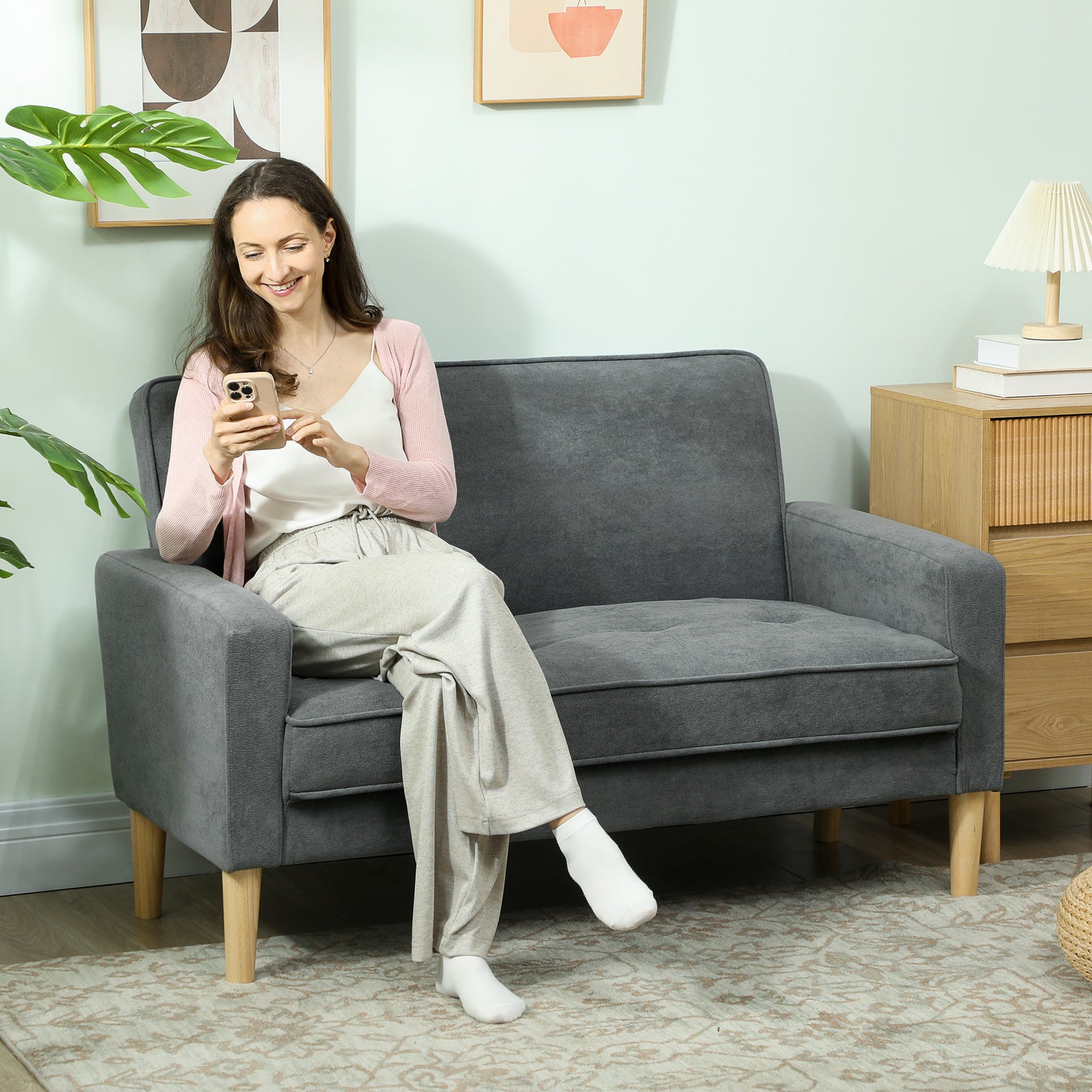 2 Seater Sofa, Velvet-feel Upholstered Loveseat For Small Space | Grey