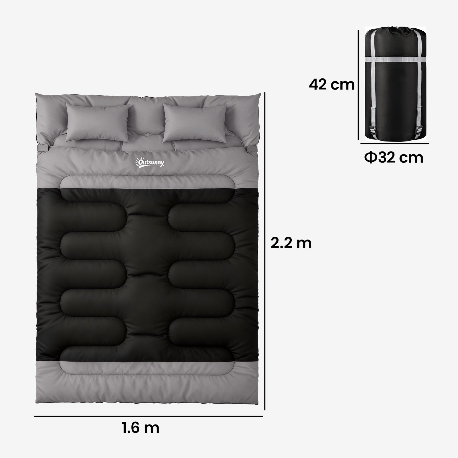 Double Sleeping Bag With 2 Pillows, 220 X 160cm Sleeping Bag | Black & Grey