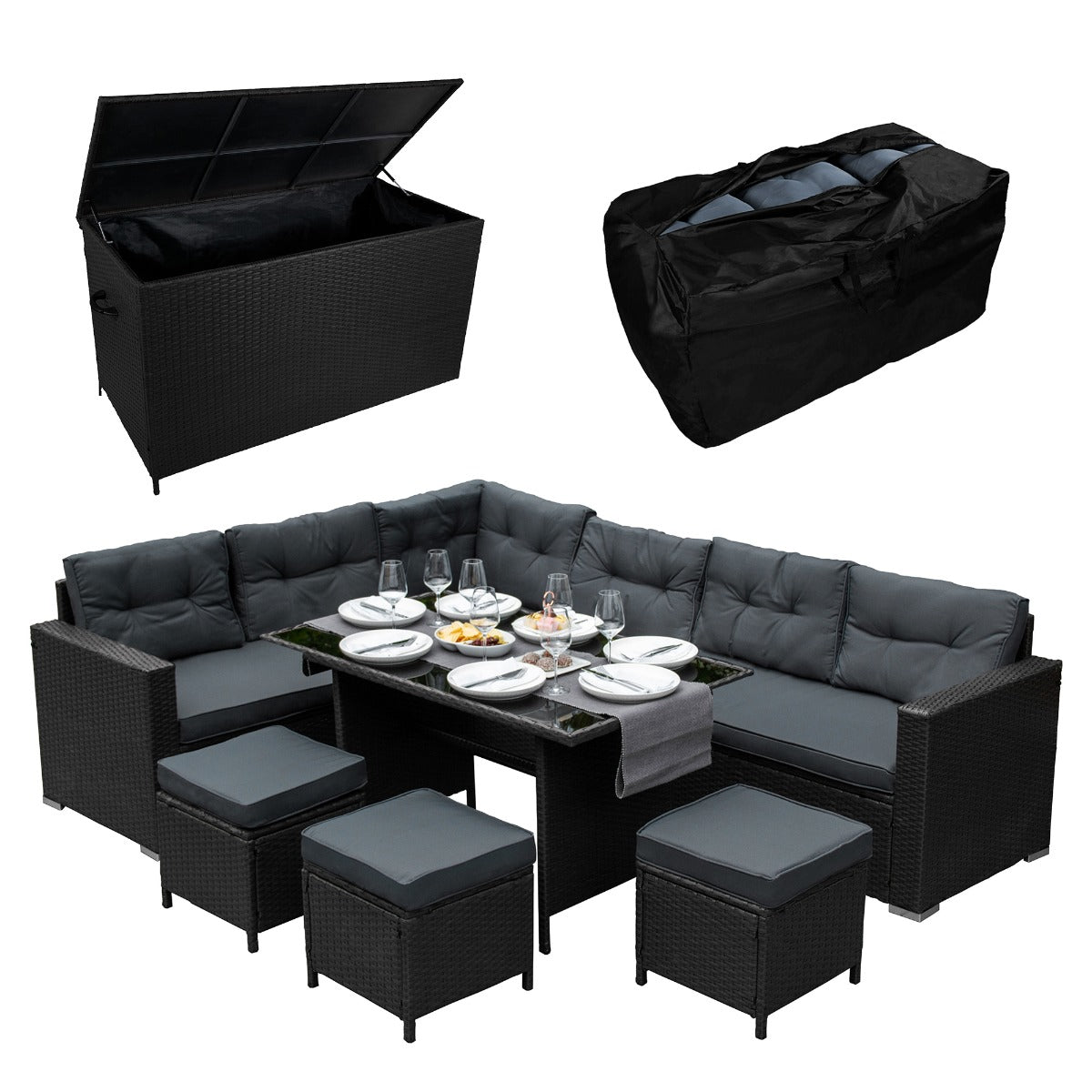 Rattan Corner Set & Cushion Storage Box | Black