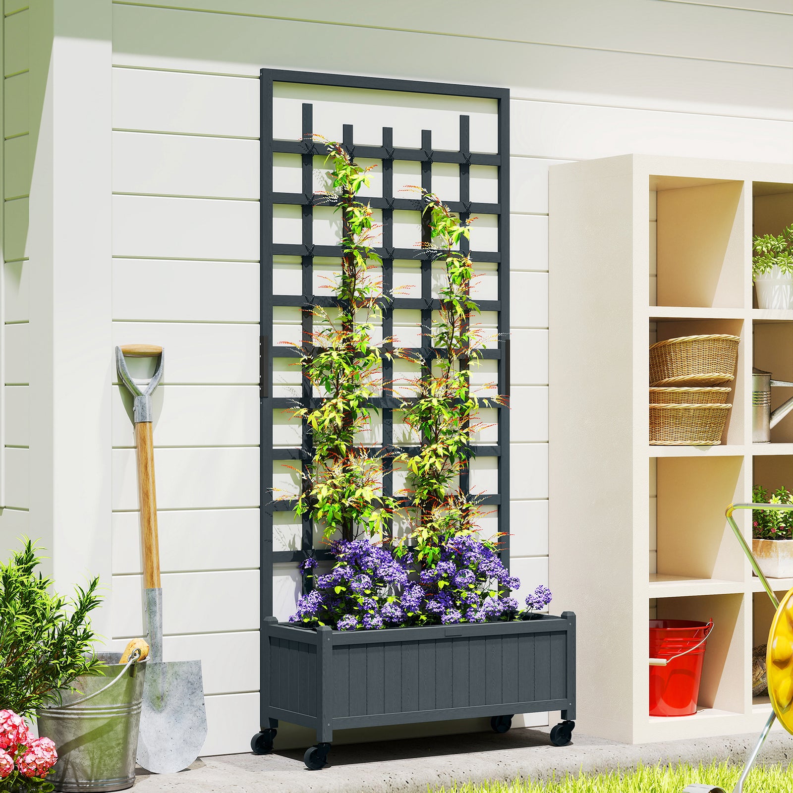 Wooden Trellis Planter Raised Garden Bed With Wheels Grey