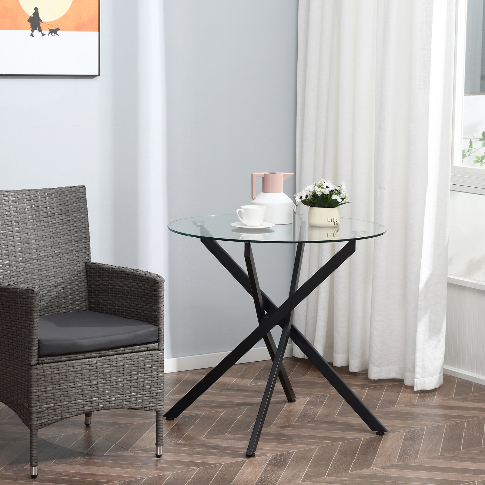 Round Side Table With Tempered Glass Top & Metal Legs