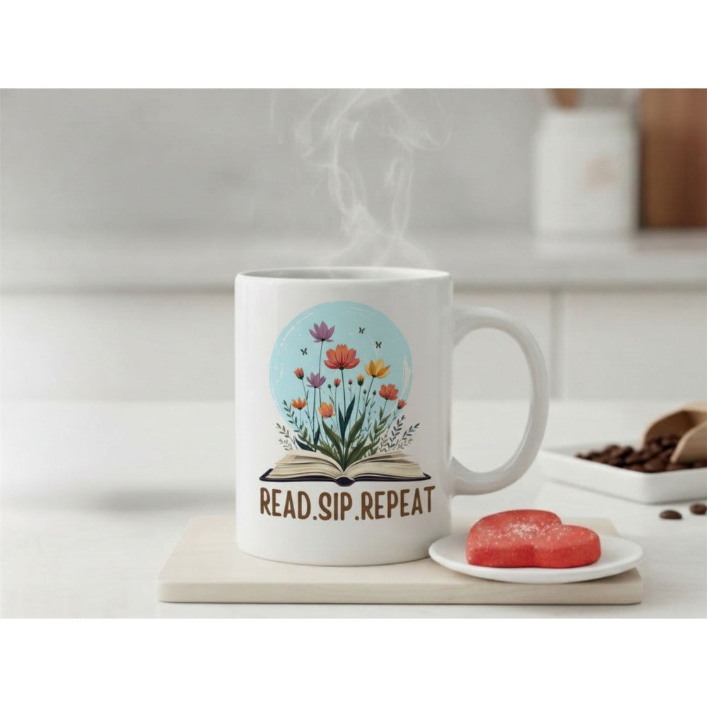 Dyzi Read Sip Repeat Quote Ceramic Mug White For Book Lovers