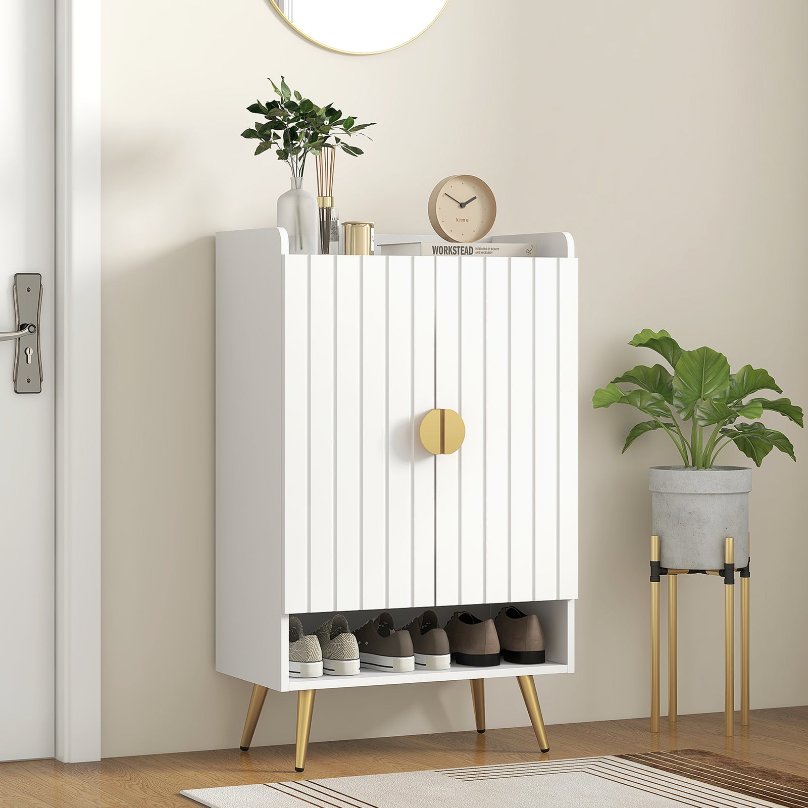 Shoe Storage Cabinet With Beadboard Doors For 15 Pairs | One Size | White