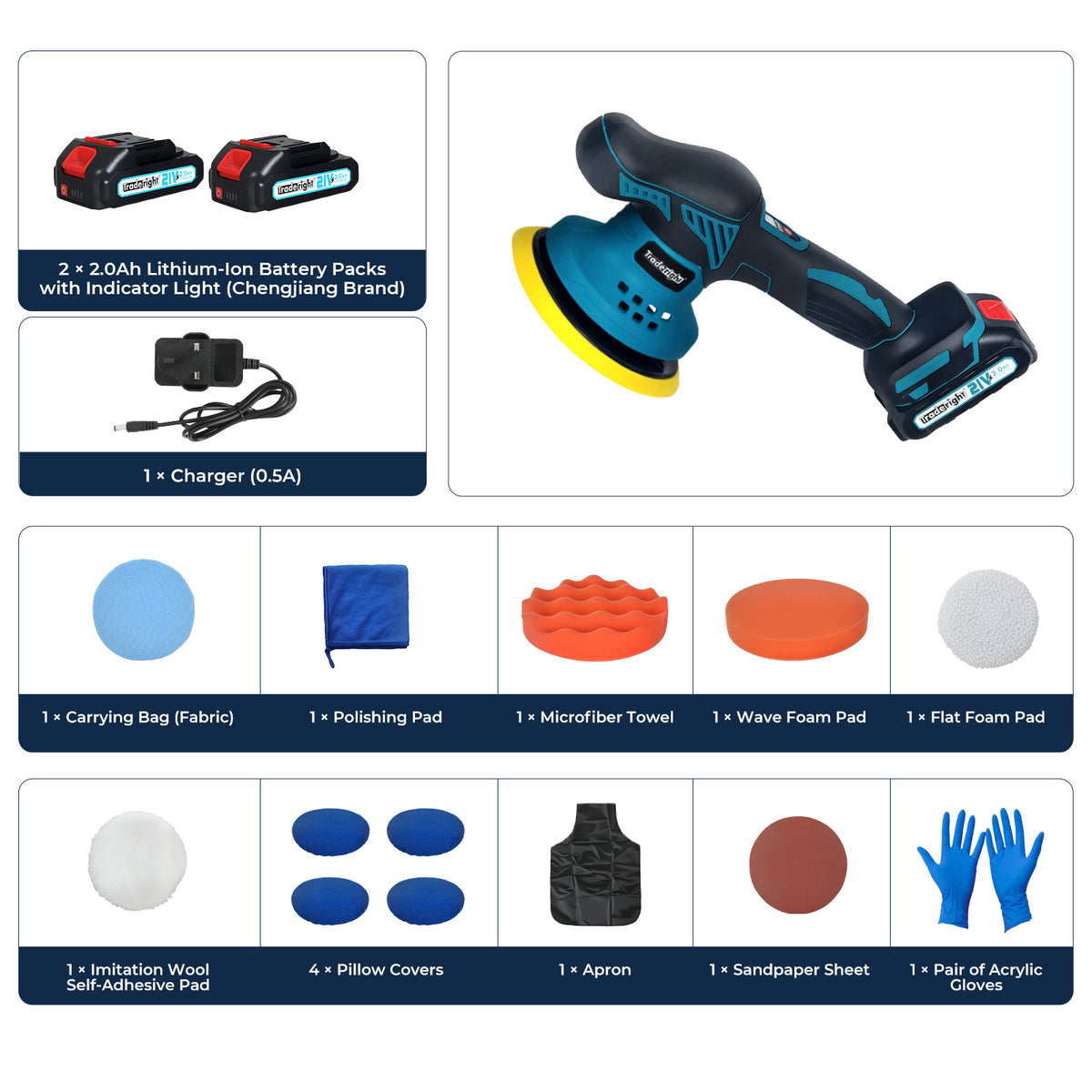Cordless Car Polisher Buffer Sander Polishing Machine With 2 Battery | Blue