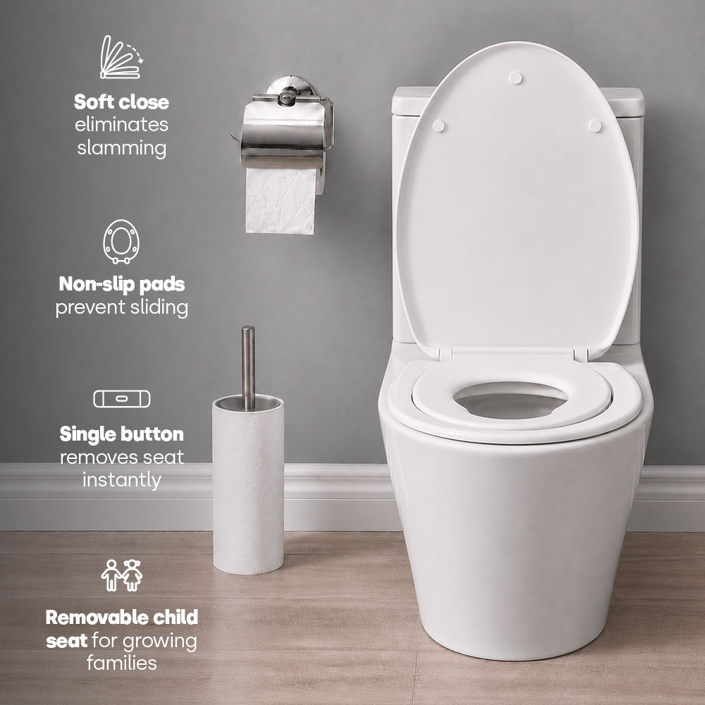Livivo Soft Close Family Toilet Seat - Oval White With Quick Release Button For Easy Cleaning