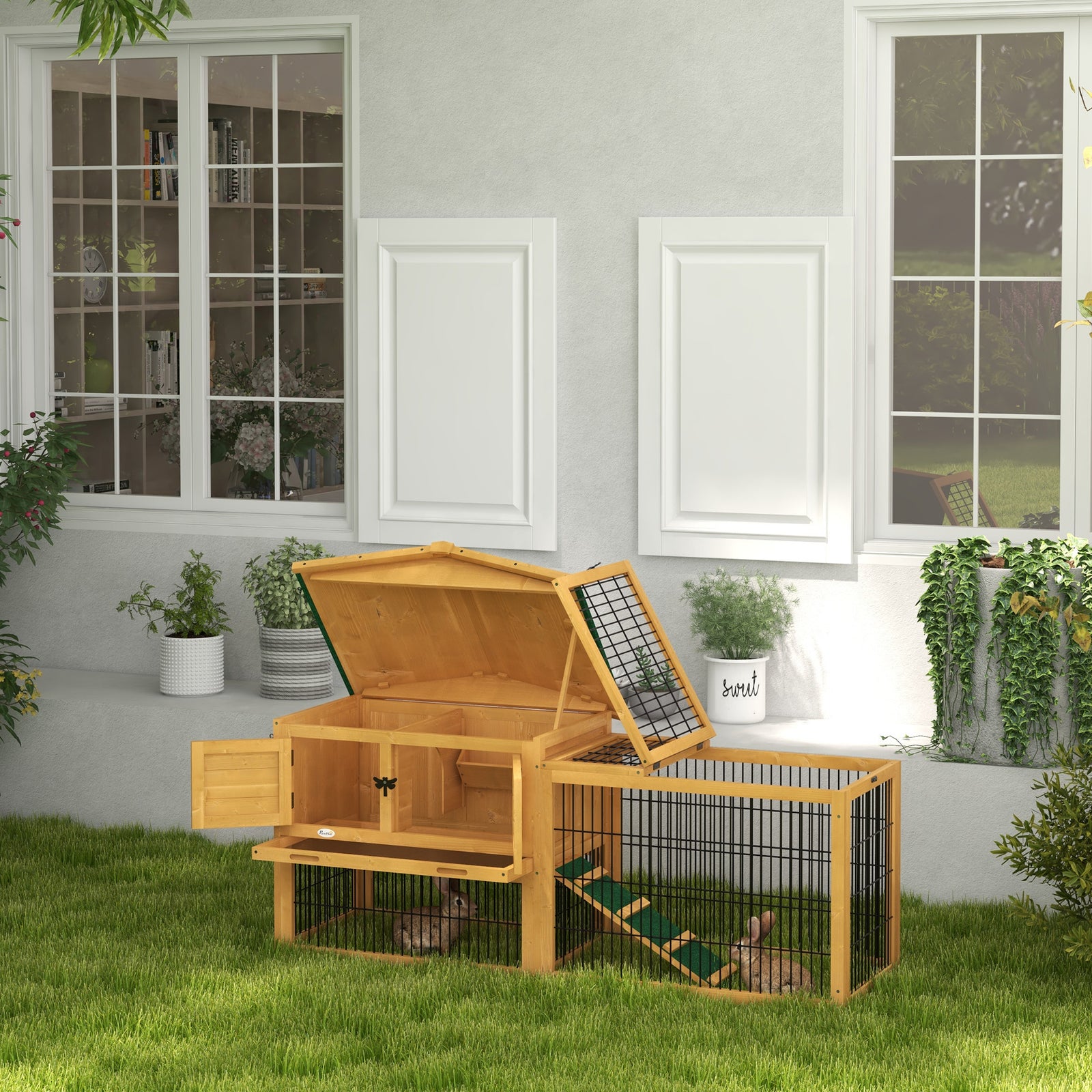 Wooden Rabbit Hutch With Run, Asphalt Roof, Pull-out Tray, Ramp | Yellow