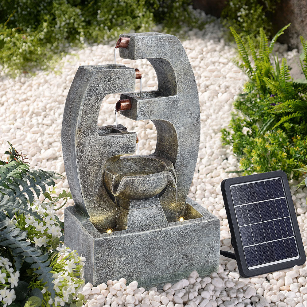 Solar Garden Water Fountain With Led Lights Tiered Modern Outdoor Feature