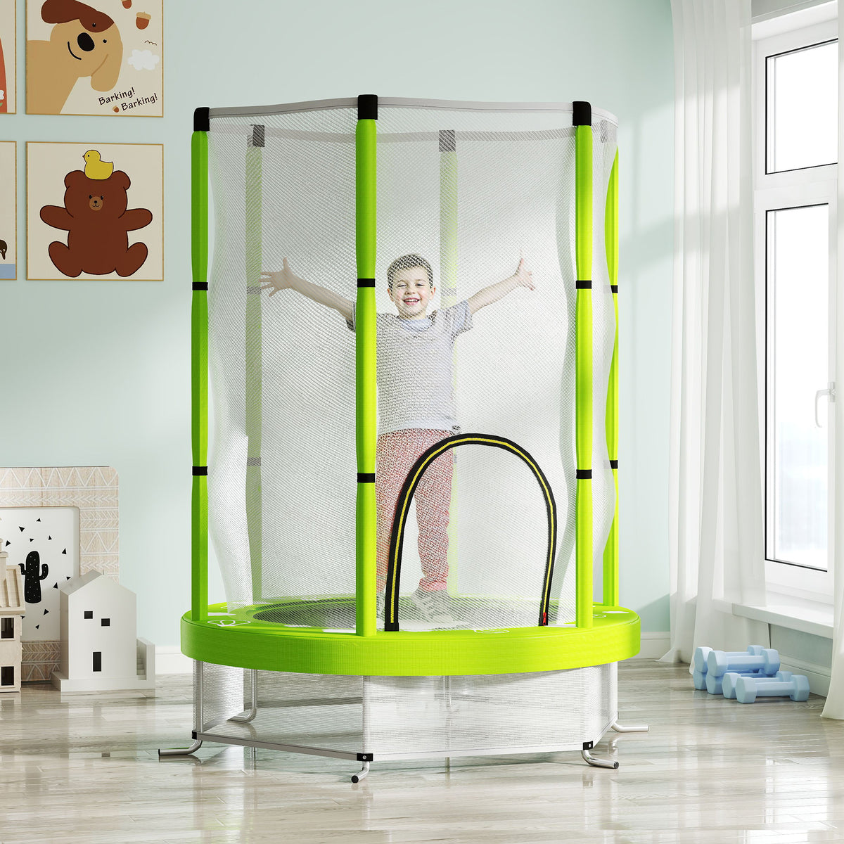 4.6ft Kids Trampoline W/ Safety Enclosure Net, For Indoor Outdoor | Green