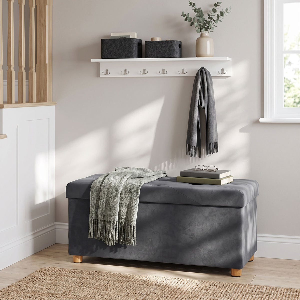 Velvet Upholstered Foldable Ottoman Footrest With Wood Legs | Grey
