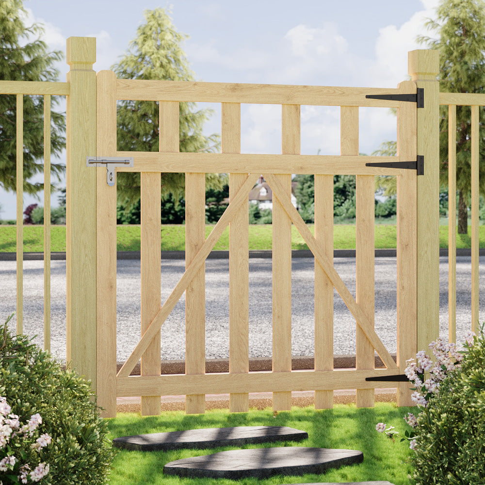 76cm/90cm/120cm Wx120cm H Classic Wooden Garden Gate With Lock Natural Finish, Vertical Slat Design | Large | Natural