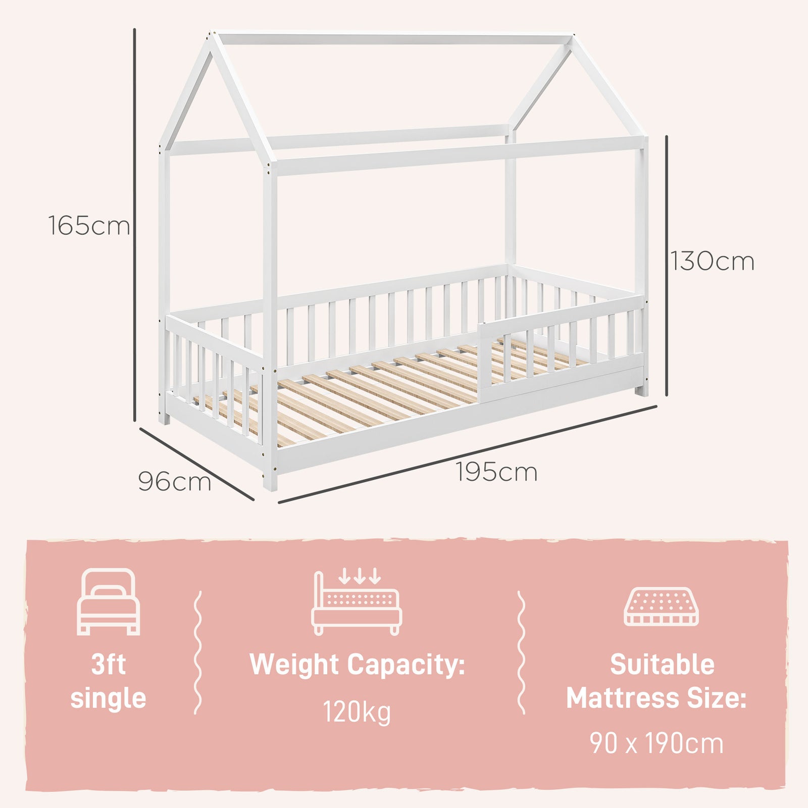 Homcom House-shaped Kids Bed Frame With Safety Fence For Boys Girls, White