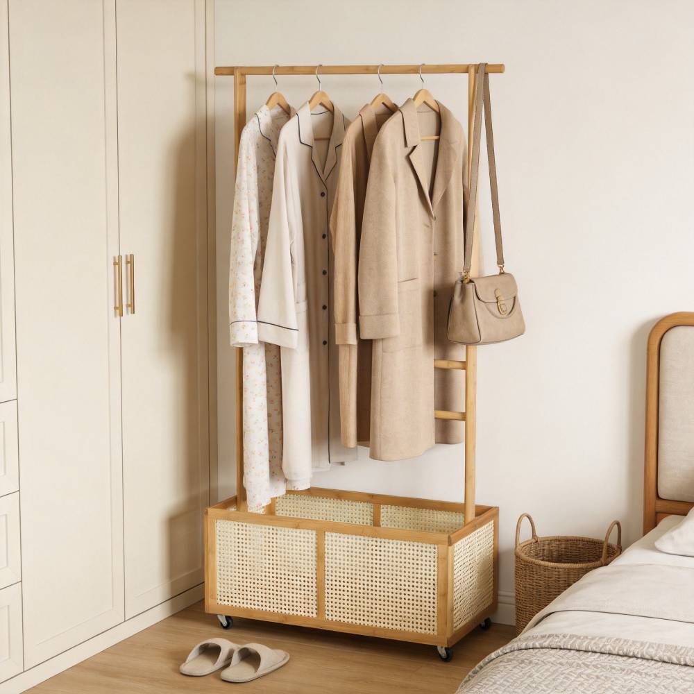 Breeins Freestanding Bamboo Clothes Rack With Rattan Basket
