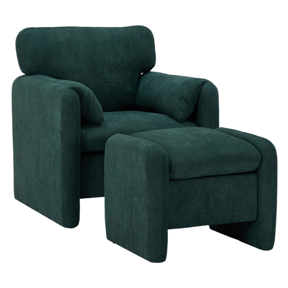 Chenille Upholstered Armchair With Footstool | Green