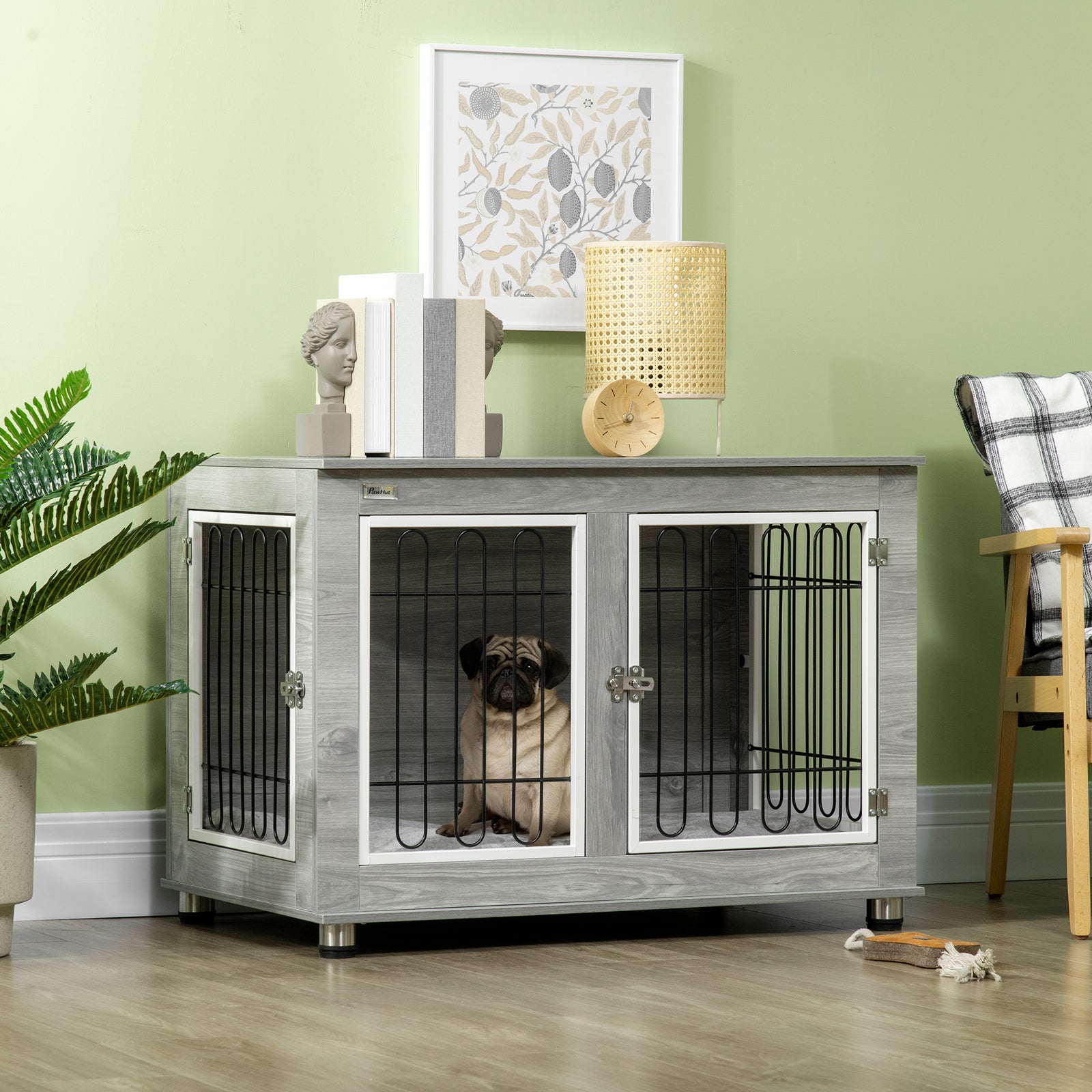 Dog Crate Table W/ Cushion, Double Door - Grey | Gray