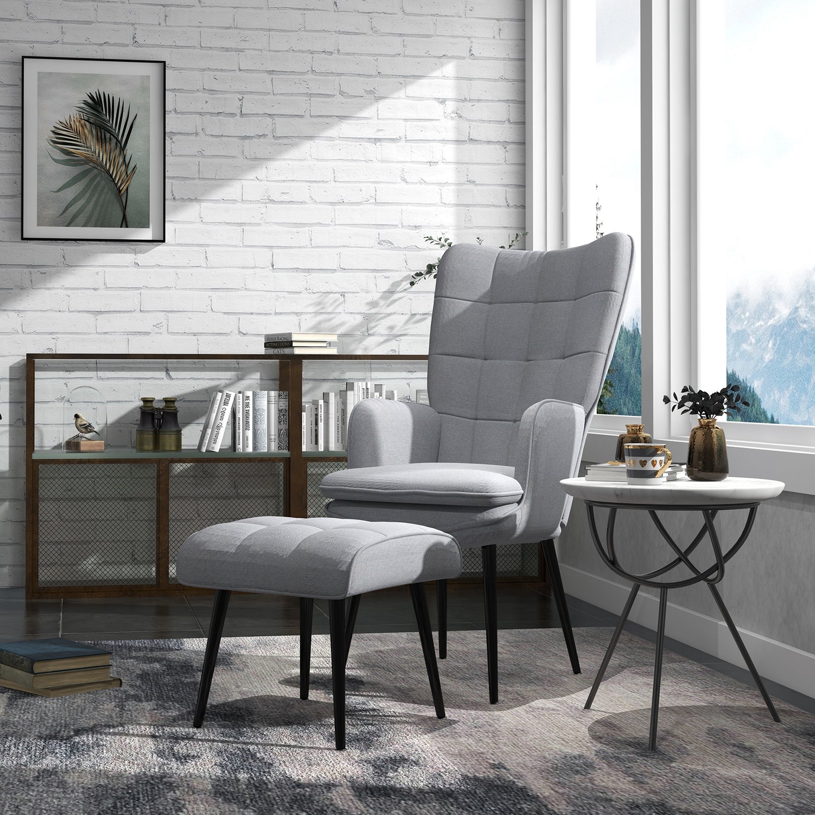 Living Room Chair With Footstool And Steel Legs Light Grey