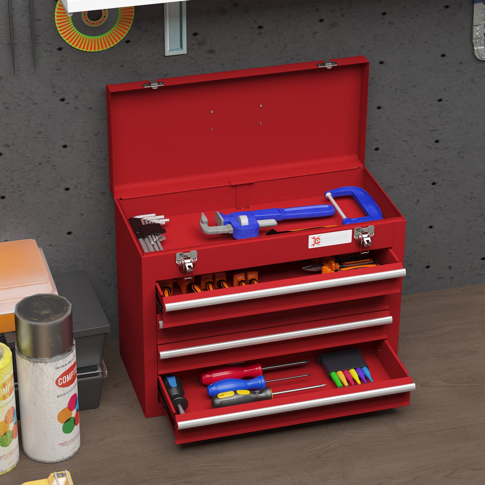 Lockable 4 Drawer Tool Chest With Ball Bearing Slide Drawers | Red