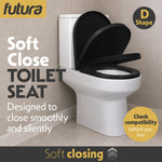 Toilet Seat Soft Close D Shape, Premium Thermoplastic, Quick Release, Top & Bottom Fixings | Black