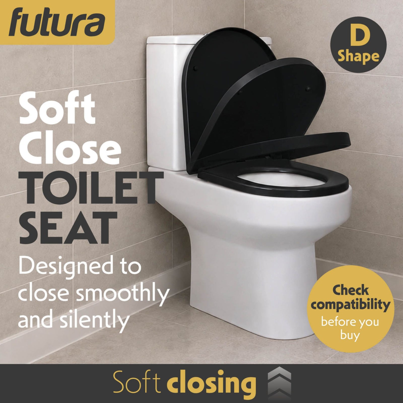 Toilet Seat Soft Close D Shape, Premium Thermoplastic, Quick Release, Top & Bottom Fixings | Black