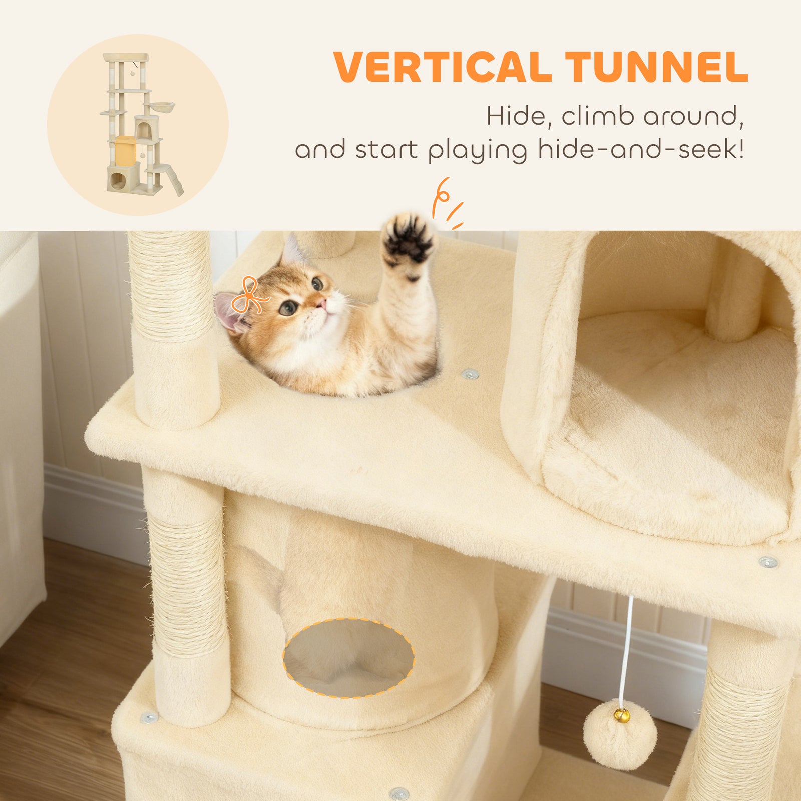 170 Cm Cat Tree, Large Cat Tower With 7 Scratching Posts | Beige
