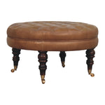 Artisan Furniture Solid Wood Brown Buffalo Leather Round Ottoman With Castor Legs, Upholstered