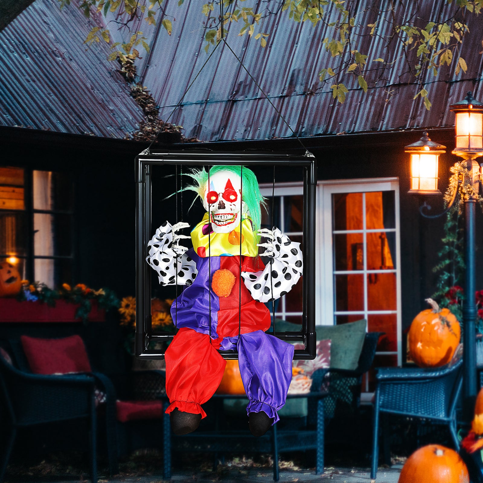 Voice Activated Halloween Animatronics Hinging Clown In Cage