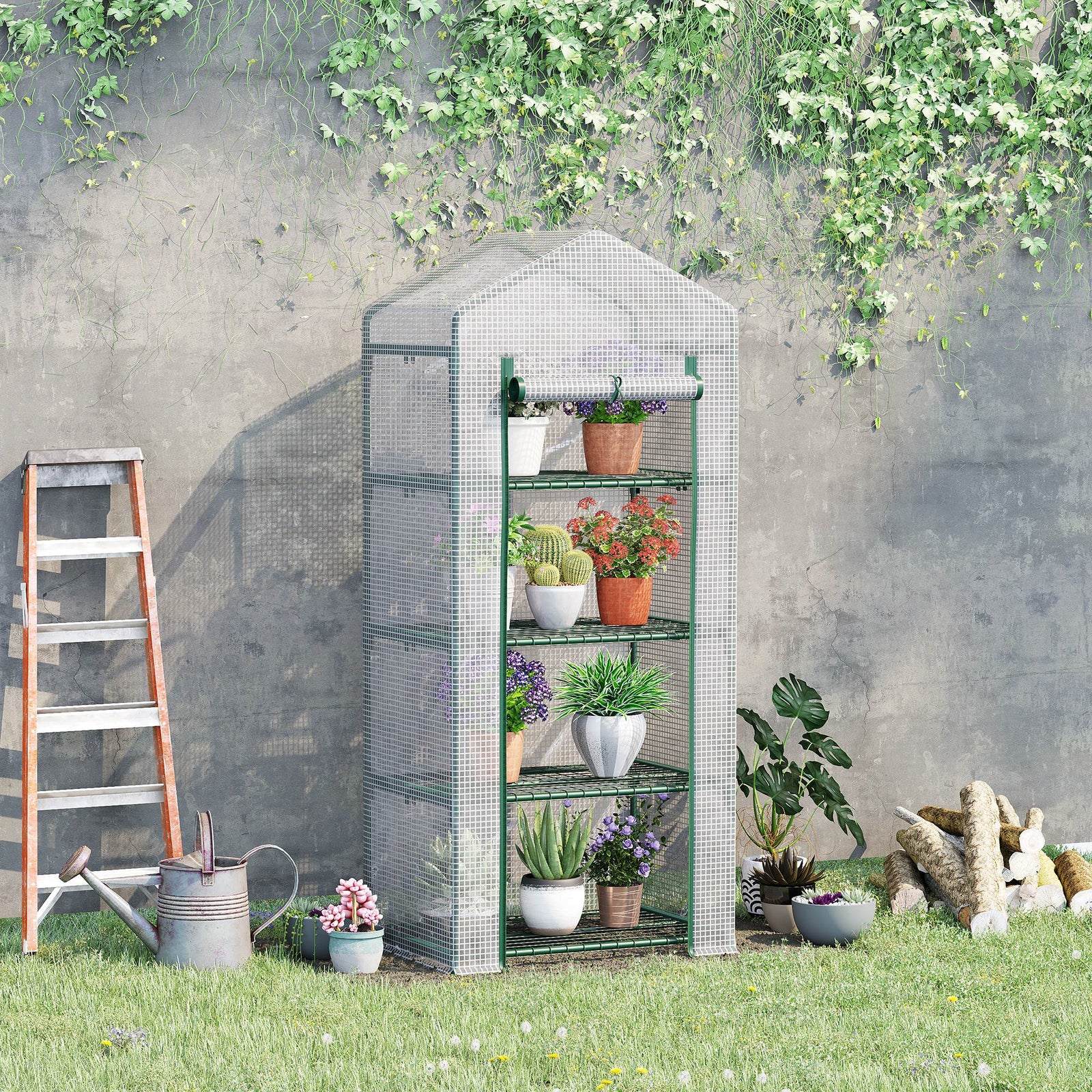 4-tier Portable Greenhouse W/ Pe Cover | White