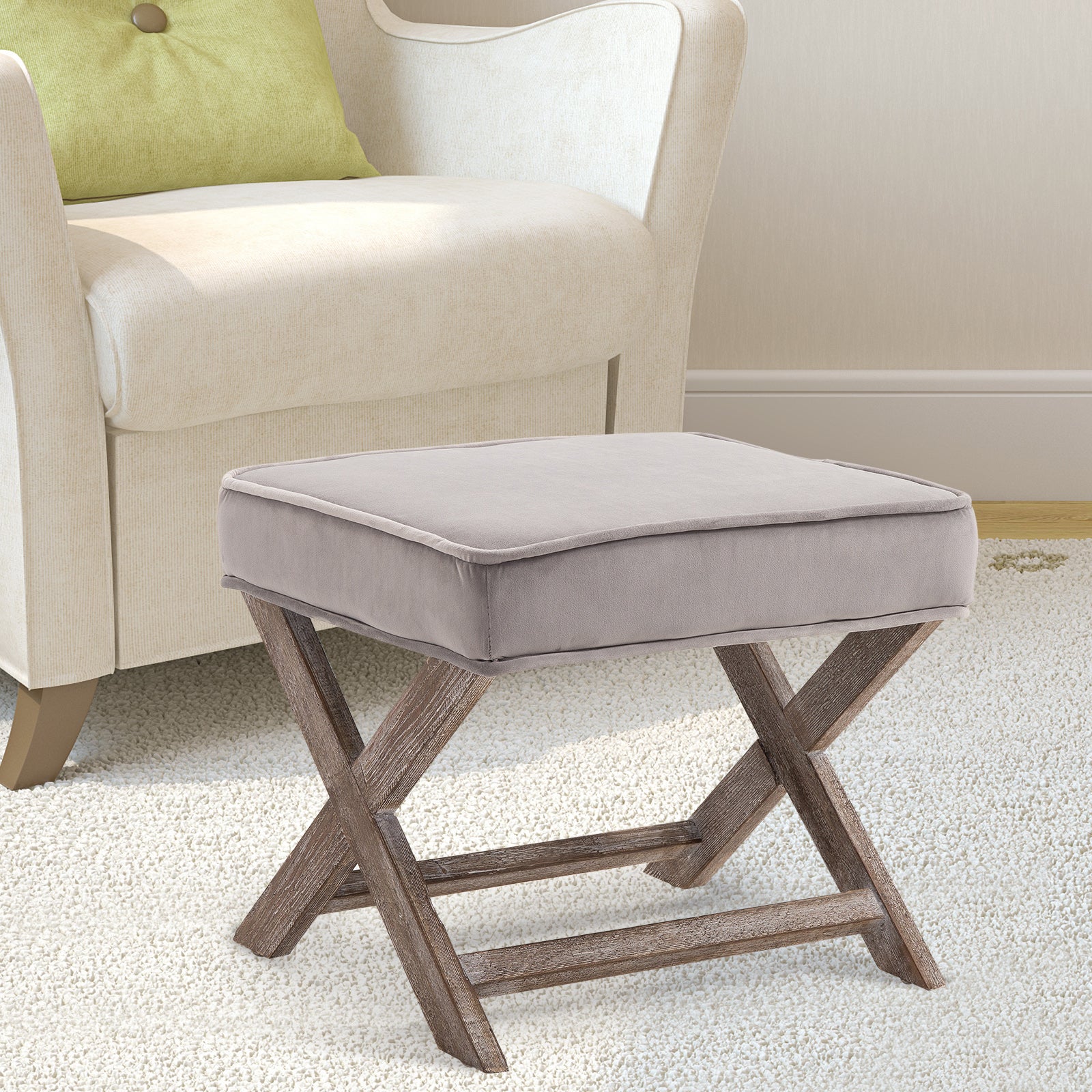 Vintage Footstool Padded Seat X Shape Chair Velvet