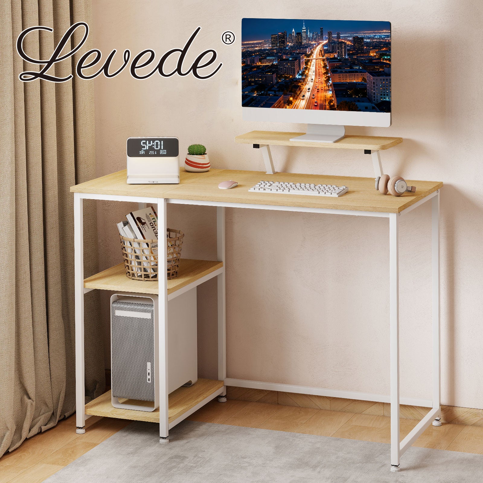 Computer Desk Home Office Table With Storage Shelves Monitor Stand | Oak
