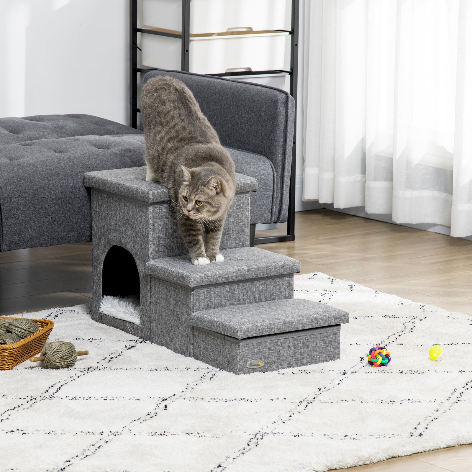 3 Step Dog Steps For Bed W/ Cat House Storage Boxes For Sofa Grey