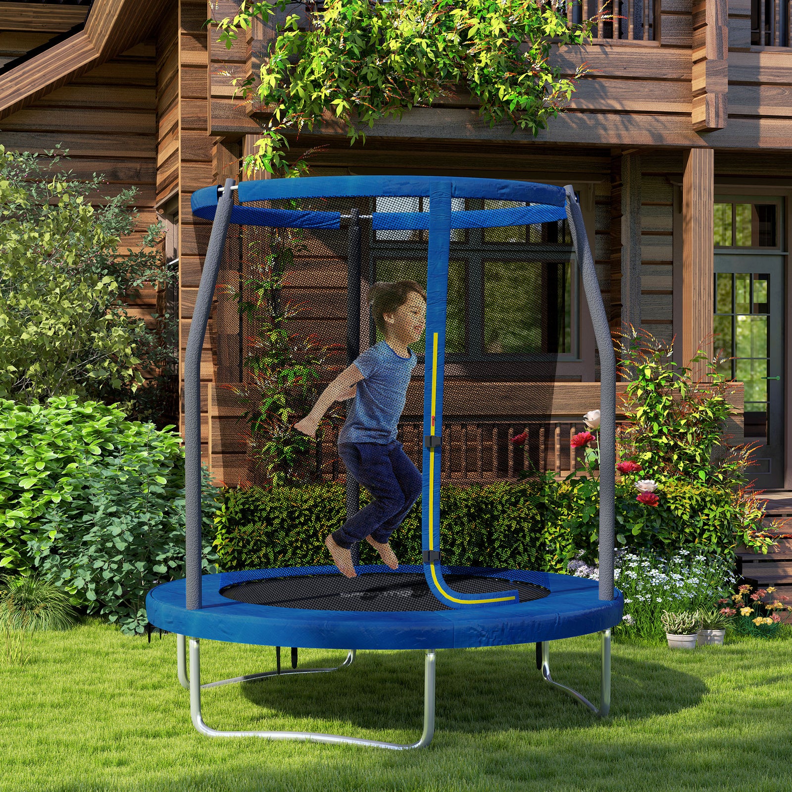 Steel Frame Trampoline With Enclosure Net And Edge Cover | Medium | Blue